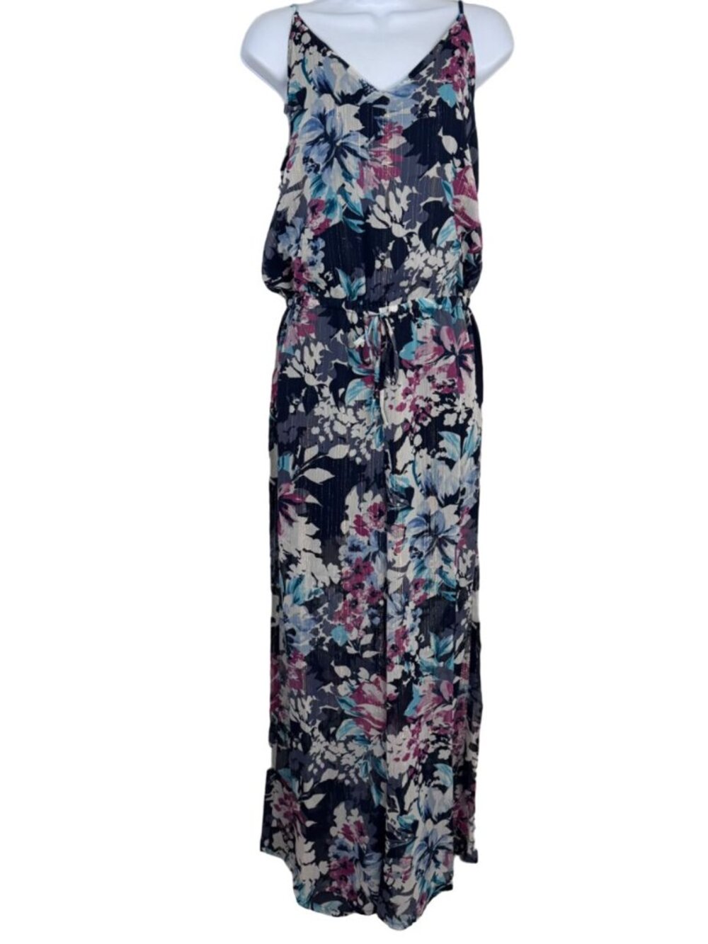 Three Eighty Two NEW Floral Multicolor Metallic Erin Cami Jumpsuit Sheer Tank M